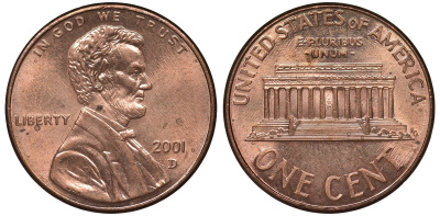 США 1 цент 2001 D, Линкольн KM 201b цинк плакированный медью 4122-233