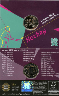 Великобритания 50 пенсов 2011 XXX летние Олимпийские игры в Лондоне в 2012 году, хокей на траве, в оригинальном картонном буклете, с Олимпийской голограммой (16/29) KM 1171 медно-никель  UNC  3-6-6-07
