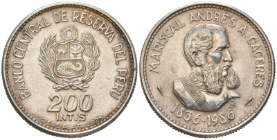 Перу 200 инти 1986 150 лет со дня рождения Андрес Авелино Касерес KM 299 серебро  UNC  413-4245