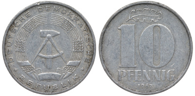 ГДР 10 ПФЕННИГОВ 1967 А алюминий 62-736
