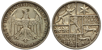 Германия 3 марки 1927 A, 400 лет Университету Марбурга J. 330, KM 53 серебро 413-3323