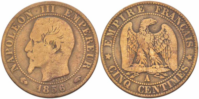 Франция 5 сантимов 1856 A, Наполеон III (1852-1870) KM 777.1, Le Franc 116.30 бронза 108-441