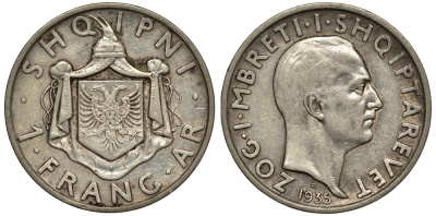 Албания 1 франга ари 1935 R, Ахмет Зогу I (1928-1939) KM 16 серебро 441-1625