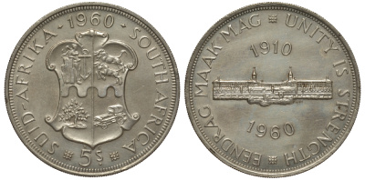 ЮАР 5 шиллингов 1960 50 лет Южноафриканскому союзу KM 55 серебро 650-243