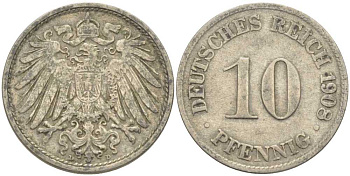 ГЕРМАНИЯ 10 ПФЕННИГОВ 1908 D KM 12, J. 13 медно-никель 210-652