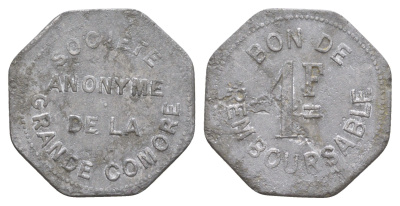 Великие Коморы (Коморские Острова) торговый жетон 1 франк ND (1915) Анонимное общество Гранд-Комора KM Tn3 алюминий 1524-224