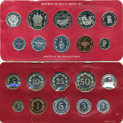 Мальта набор из 10 монет 1979 в запайке, в оригинальной коробке, с сертификатом, тираж 6577 экз. KM PS 7, KM (5-12, 29b, 51) серебро PROOF 2-6-3-09