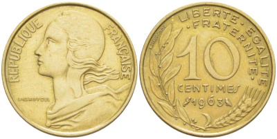 ФРАНЦИЯ 10 САНТИМОВ 1963 ТИП MARIANE KM 929, LE FRANC 144.3 алюминиевая бронза 4519-822