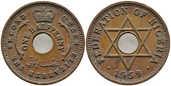 Нигерия 1/2 пенни 1959 Елизавета II (1952-), Британский протекторат KM 1 бронза 4387-444