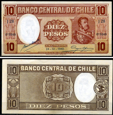 Чили 10 песо 1940 Мануэль Булнес Pick 92 d  бумага  UNC (пресс) 451-1185-1