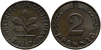 ФРГ 2 пфеннига 1967 G KM 106, J. 381 бронза 99-151