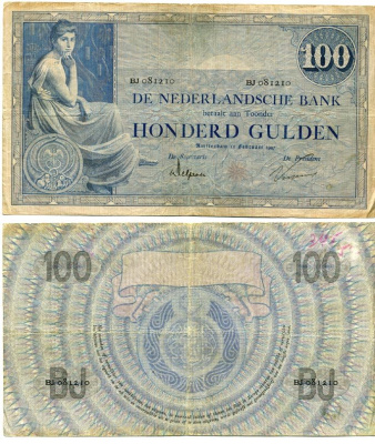 Нидерланды 100 гульденов 1927 15 февраля 1927, серия BJ Pick 39 d, Akkermans 80.1b.5.1 бумага 451-252-1