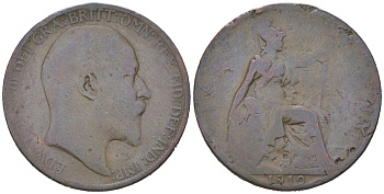 Великобритания 1/2 пенни 1910 Эдуард VII (1901-1910) KM 793.2, Spink 3991 бронза 4616-723