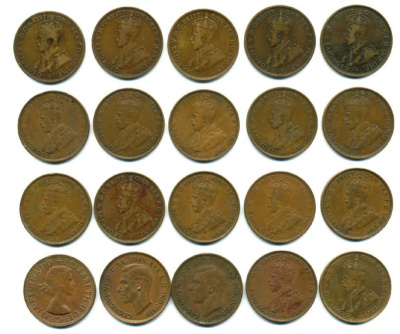 Австралия лот из 20 монет по 1 пенни 1911-1959 KM 23, 36, 43, 50 бронза M13-12