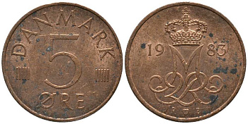 ДАНИЯ 5 ЭРЕ 1983 R; B, МАРГРЕТЕ II (1972-) KM 859.3 железо плакированное медью 116-163