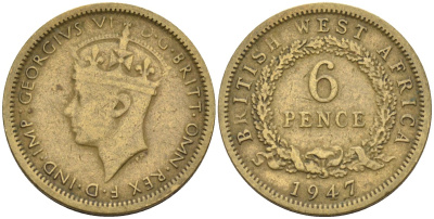 Британская Западная Африка 6 пенсов 1947 Георг VI (1936-1952) KM 22 никель-латунь 4588-714