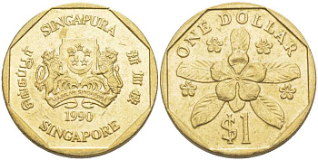 Сингапур 1 доллар 1990 барвинок KM 54b алюминиевая бронза 4448-1153