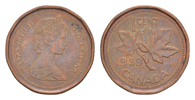 Канада 1 цент 1989 Елизавета II (1952-2022), кленовый лист KM 132 бронза 4630-569