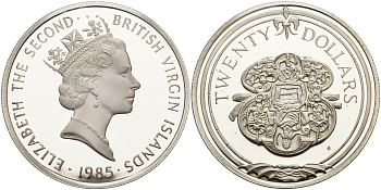 Британские Виргинские острова 20 долларов 1985 эфес меча KM 55 серебро  PROOF  1095-2-62