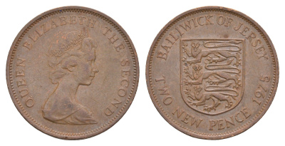 Джерси 2 новых пенса 1975 герб, Елизавета II (1952-2022) KM 31 бронза    4660-212