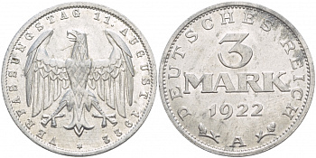 Германия 3 марки 1922 A, третья годовщина Веймарской Конституции KM 29, J. 303 алюминий UNC 4536-1244