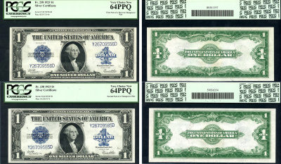 США 1 доллар 1923 две парные банкноты, Джордж Вашингтон, серебряный сертификат, в слабе PCGS 64 PPQ Fr 237, 238  бумага  UNC (пресс) 452-1-145