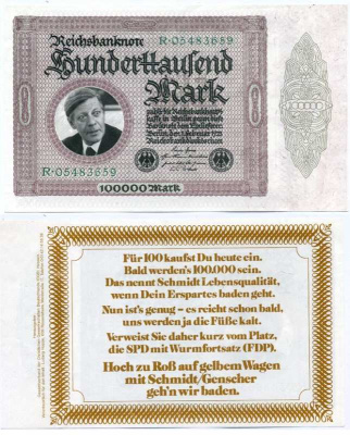 ФРГ 100000 МАРОК ND СУВЕНИРНАЯ БАНКНОТА, ПОРТРЕТ КАНЦЛЕРА ШМИДТА, ШМИДТ НАЗЫВАЕТ ЭТО КАЧЕСТВОМ ЖИЗНИ, ЕСЛИ ТВОИ СБЕРЕЖЕНИЯ УПЛЫВАЮТ бумага UNC (ПРЕСС) 8613-5-1-2
