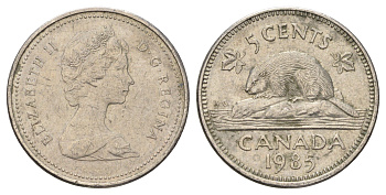 Канада 5 центов 1985 Елизавета II (1952-2022), бобр KM 60.2a медно-никель 4689-427