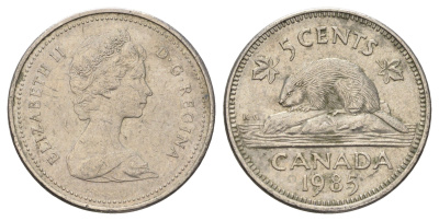 Канада 5 центов 1985 Елизавета II (1952-2022), бобр KM 60.2a медно-никель 4689-427