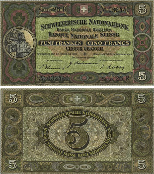 Швейцария 5 франков 1944 16 ноября 1944, серия 26 R Pick 11 k бумага 8606-10-2-2