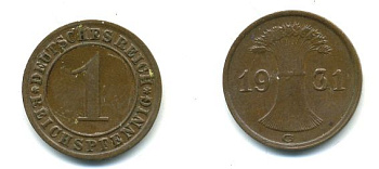 ГЕРМАНИЯ 1 РЕЙХСПФЕННИГ 1931 G KM 37, J. 313 бронза 46-1018