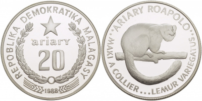 Мадагаскар 20 ариари 1988 серия 25 лет защиты окружающей среды KM 15 серебро PROOF 1068-6-23