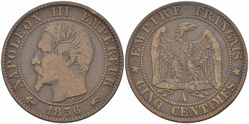 Франция 5 сантимов 1856 A, Наполеон III (1852-1870) KM 777.1, Le Franc 116.30 бронза 108-443