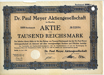 Германия акция в 1000 рейхсмарок 1926 Компания д-р Пауля Майера. Берлин. Dr. Paul Meyer Aktiengesellschaft. Berlin. Электротехника   бумага  aUNC 510-40-1