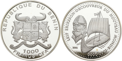 Бенин 1000 франков 2001 парусное судно "Лейф Эрикссон", тысячилетие открытия новых миров серебро PROOF 01-077-21