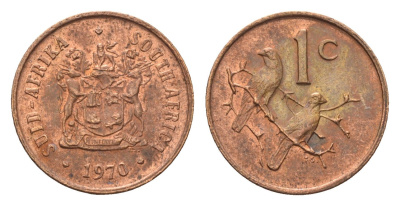 ЮАР 1 цент 1970 герб, капские воробьи KM 82 бронза aUNC 4690-1168