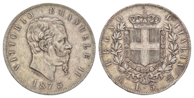 Италия 5 лир 1875 M BN, Виктор Эммануил II (1861-1878) KM 8.3 серебро 413-813