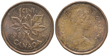 КАНАДА 1 ЦЕНТ 1983 ЕЛИЗАВЕТА II, КЛЕНОВЫЙ ЛИСТ KM 132 бронза 100-811