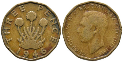 Великобритания 3 пенса 1946 Георг VI (1936-1952), редкий год KM 849, Spink 4112 никель латунь 1518-935