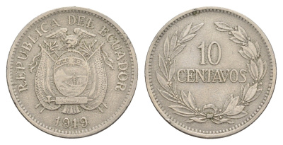 Эквадор 10 сентаво 1919 KM 64 медно-никель 4641-547