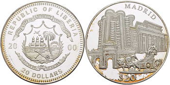 Либерия 20 долларов 2000 серия памятники архитектуры, Мадрид KM 640 серебро PROOF 1076-5-23
