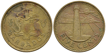 Барбадос 5 центов 1986 маяк Саут-Пойнт KM 11 латунь 87-232