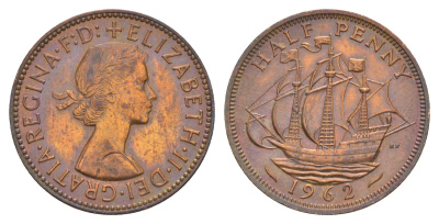 Великобритания 1/2 пенни 1962 Елизавета II (1952-2022) KM 896, Spink 4158 бронза 4638-512