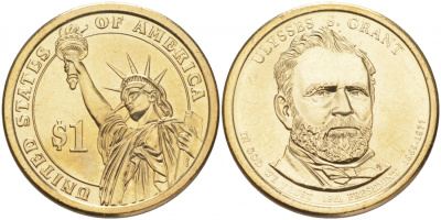 США 1 доллар 2011 D, Президент США - Улисс Грант (1869-1877) KM 500 медь с марганцево-латунным покрытием UNC M31-13