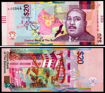 Багамские острова (Багамы) 20 долларов 2018 Карта Багамских островов, цветок, сэр Майло Б. Батлер, башня порта Нассау, мосты, соединяющие Нассау с островом Парадайз, гавань Нассау Pick 80 бумага UNC (пресс) 451-742-3