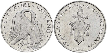 ВАТИКАН 5 ЛИР 1974 ГОД XII, ПАВЕЛ VI (1963-1978), ПЕЛИКАН KM 118 алюминий UNC 4519-221