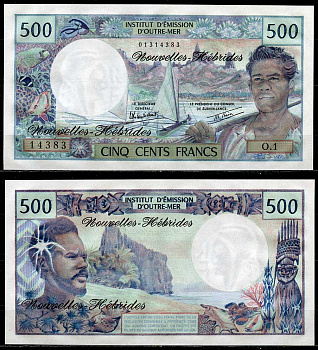 Новые Гебриды 500 франков ND (1970-1981) рыбаки, подписи Billecart, Theron Pick 19 c бумага UNC (пресс) 451-303-1