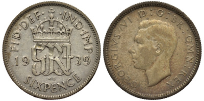 Великобритания 6 пенсов 1939 Георг VI (1936-1952) KM 852, Spink 4084 серебро 4538-432