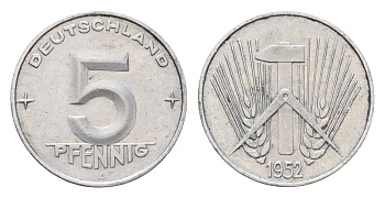 ГДР 5 пфеннигов 1952 A KM 6 алюминий 188-528