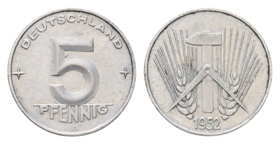 ГДР 5 пфеннигов 1952 A KM 6 алюминий 188-528